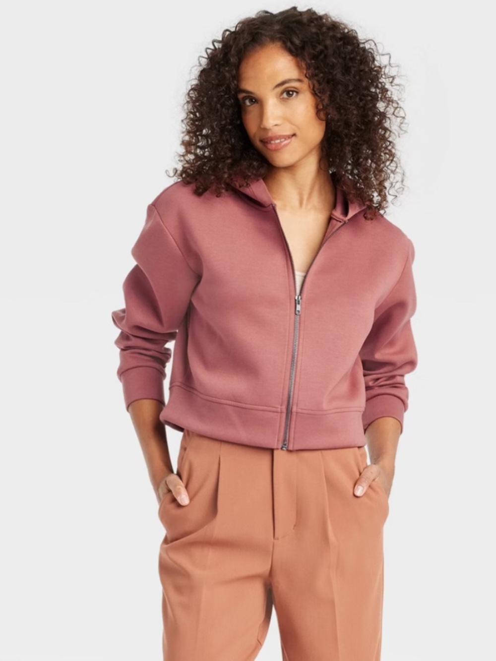 New! Women's Double Knit Cropped Zip Hoodie Sweatshirt - A New Day™ Rust Large